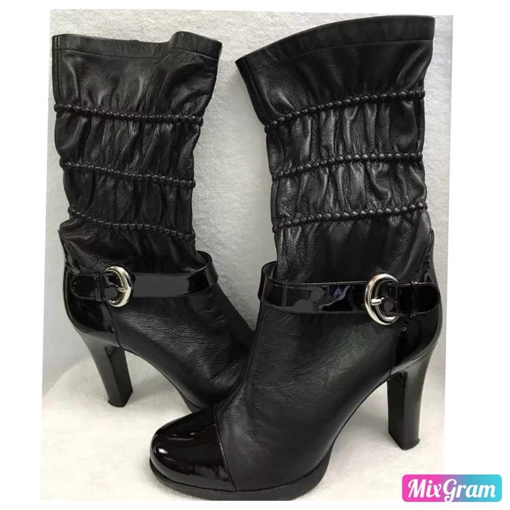 Via Spiga Black Leather Slouchy cap toe Boots 9.5